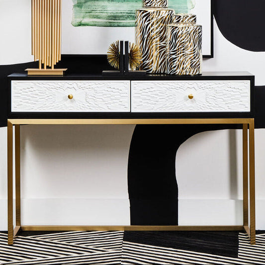 Black and White 2 Drawer Console Table with Gold Base