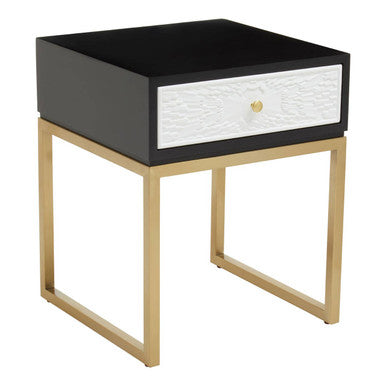 Dumas Black and White 1 Drawer Side Table with Gold Base