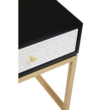 Dumas Black and White 1 Drawer Side Table with Gold Base