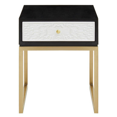 Dumas Black and White 1 Drawer Side Table with Gold Base