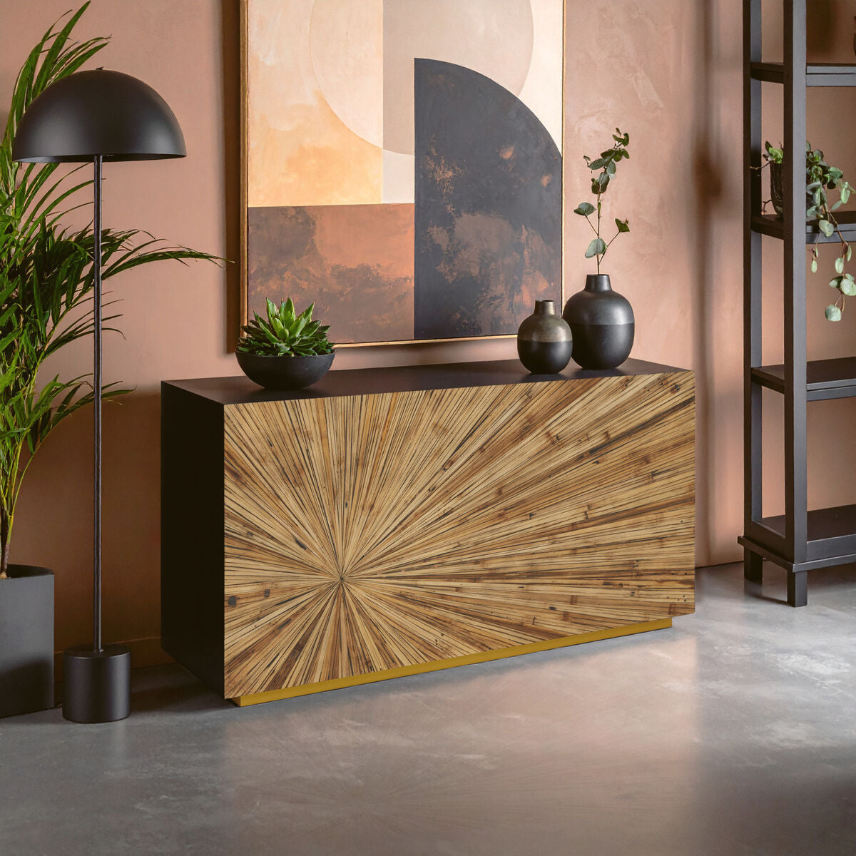 Gabelle Black and Natural Bamboo Console Table with Gold Base