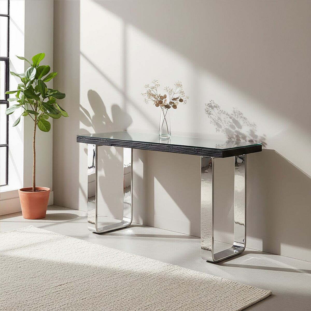 Kerala Black Recycled Wood Console Table with Curved Legs