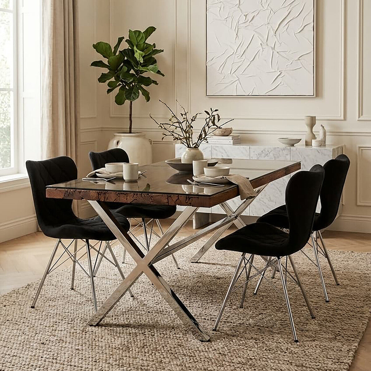 Kerala Natural Recycled Wood Rectangular Dining Table with Cross Base