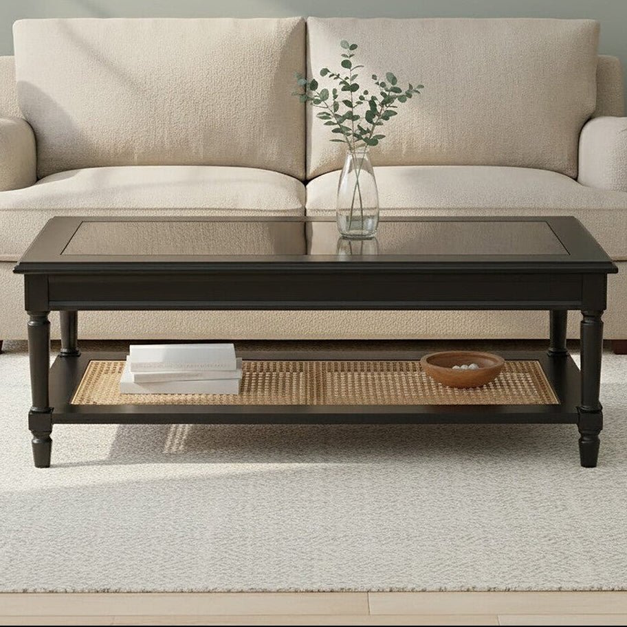 Corso Black Coffee Table with Natural Rattan Shelf