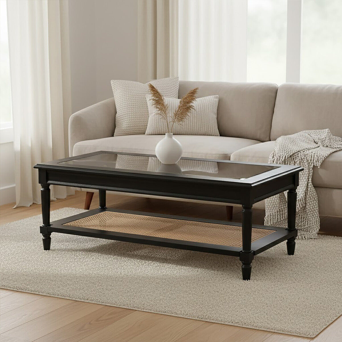 Corso Black Coffee Table with Natural Rattan Shelf