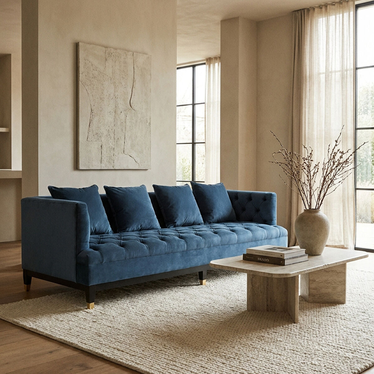 Sefira Navy Fabric 3 Seater Modern Chesterfield Sofa