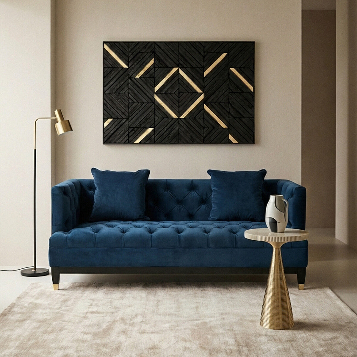 Sefira Navy Fabric 2 Seater Modern Chesterfield Sofa