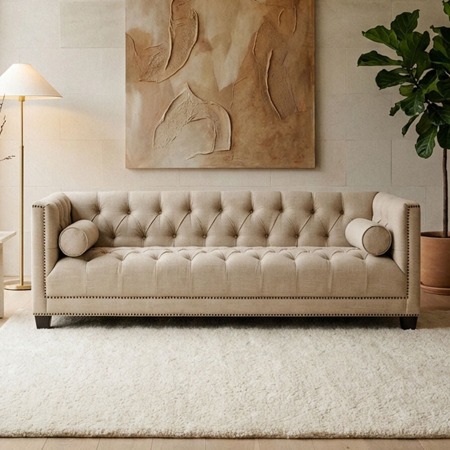 Surina Stone Fabric 3 Seater Sofa with Button Tufted Detail