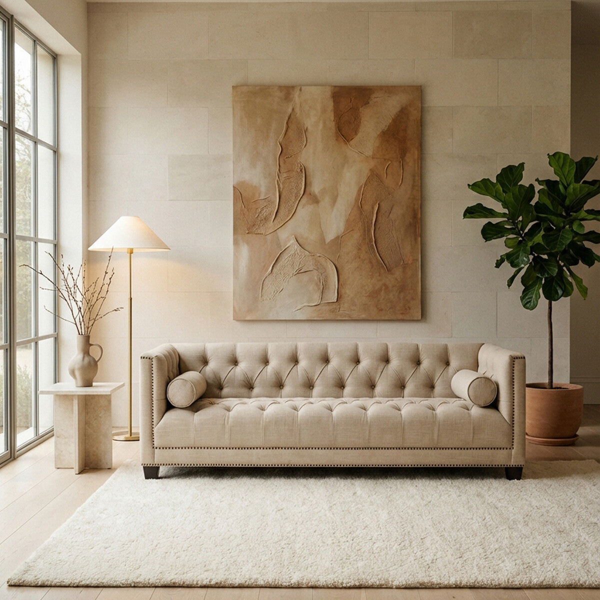 Surina Stone Fabric 3 Seater Sofa with Button Tufted Detail