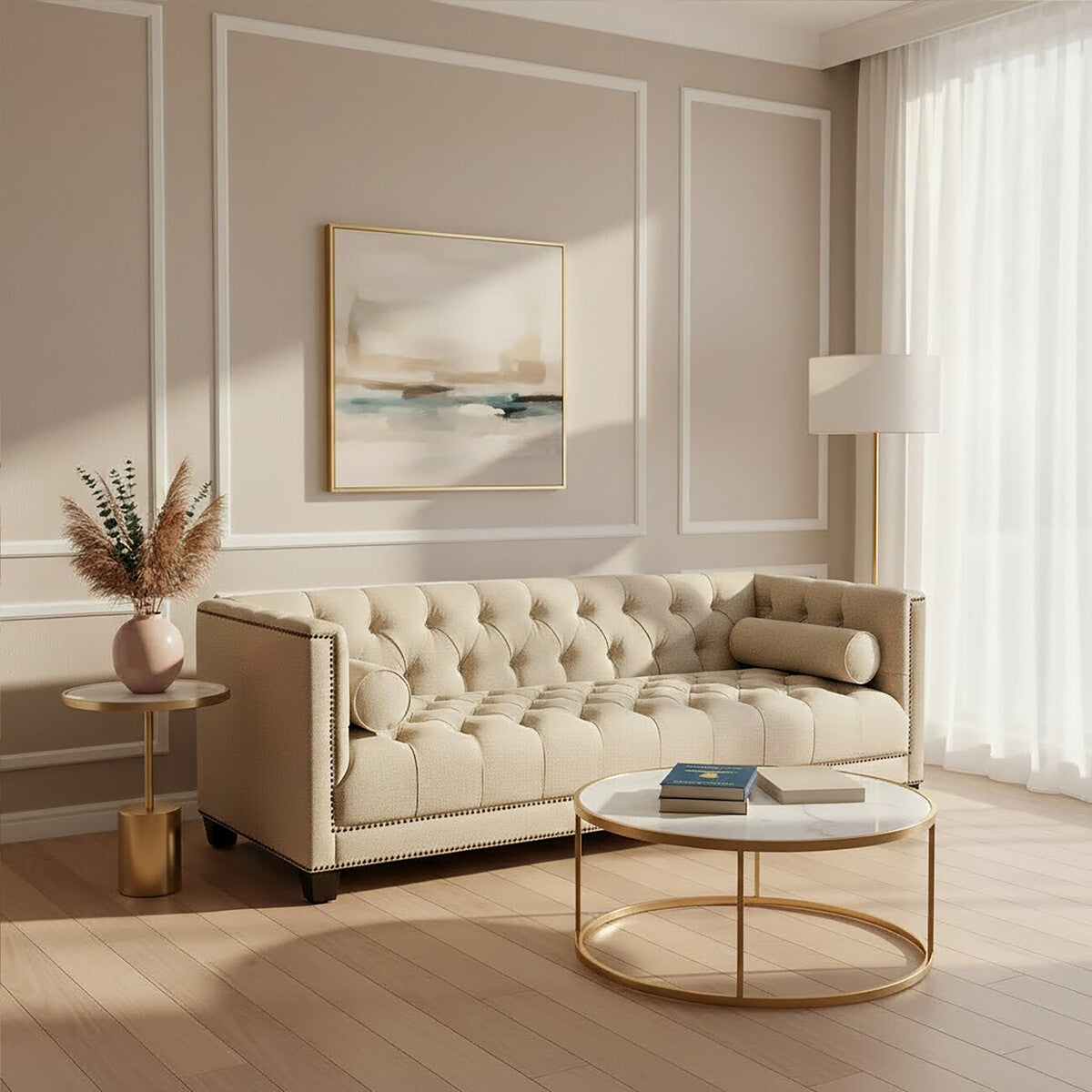 Surina Stone Fabric 3 Seater Sofa with Button Tufted Detail