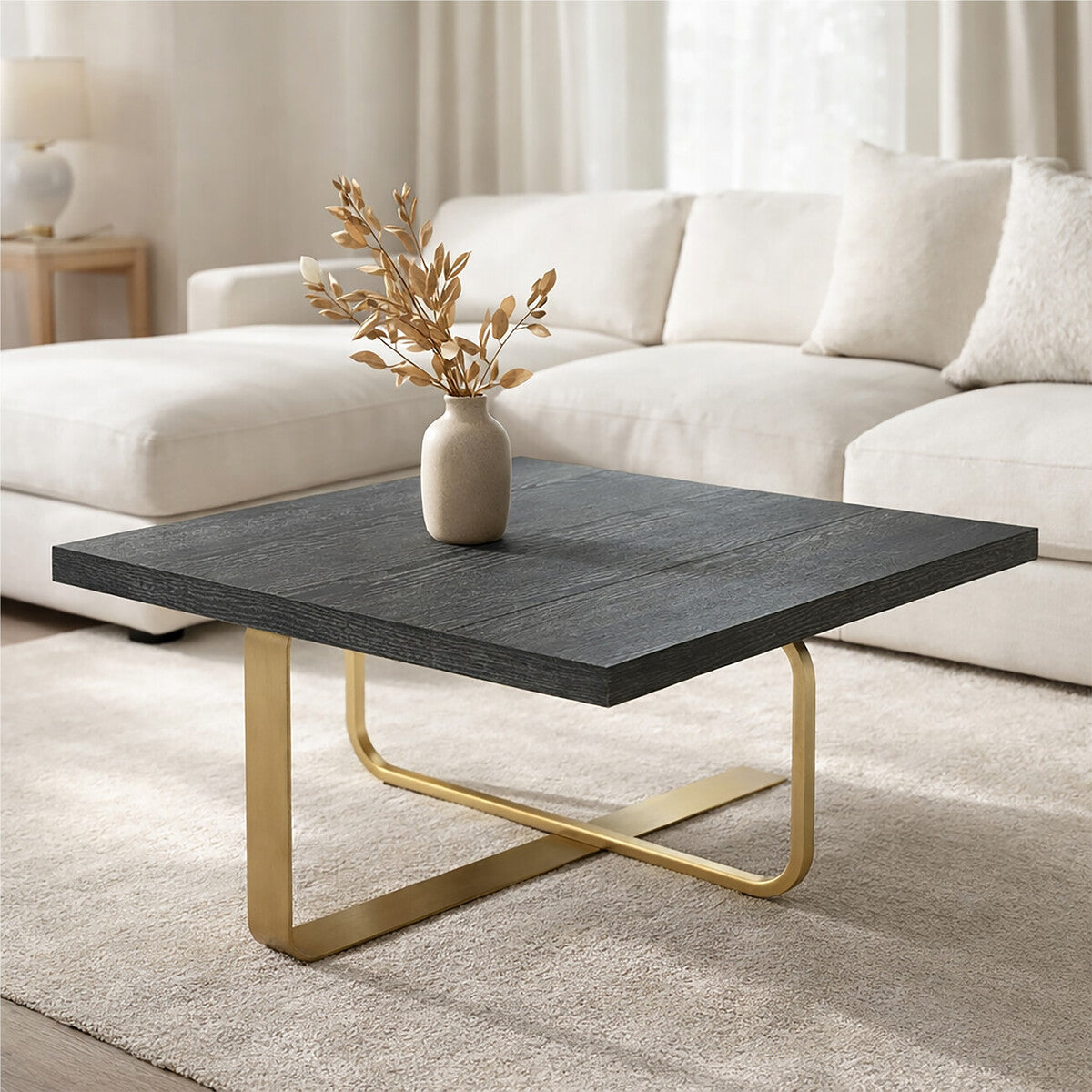 Lena Oak Veneer Coffee Table with Brushed Gold Base