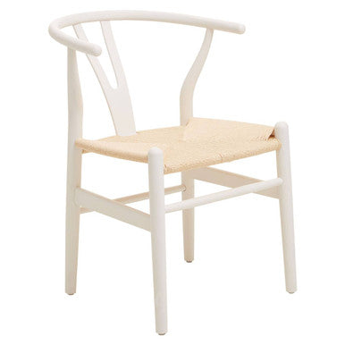 Lyon Antique White Finish Beech Wood Wishbone Chair with Woven Seat