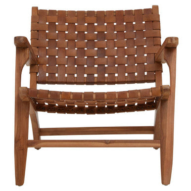 Inca Brown Leather and Teak Wood Lattice Design Armchair