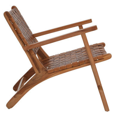 Inca Brown Leather and Teak Wood Lattice Design Armchair