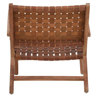 Inca Brown Leather and Teak Wood Lattice Design Armchair