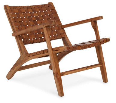 Inca Brown Leather and Teak Wood Lattice Design Armchair