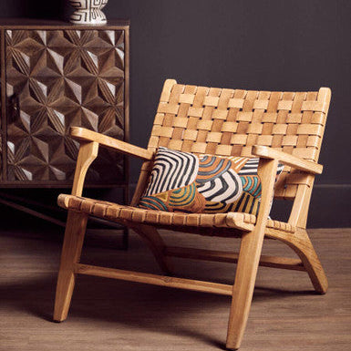 Inca Brown Leather and Teak Wood Lattice Design Armchair