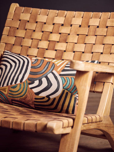 Inca Brown Leather and Teak Wood Lattice Design Armchair