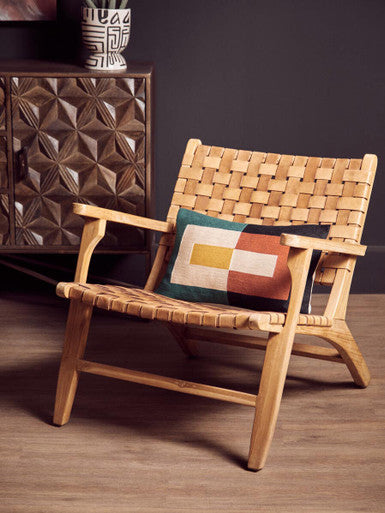 Inca Brown Leather and Teak Wood Lattice Design Armchair