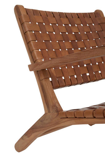 Inca Brown Leather and Teak Wood Lattice Design Armchair