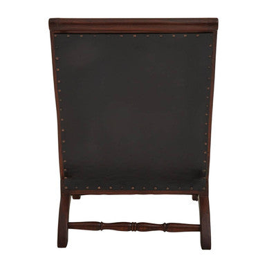 Inca Black Leather and Teak Wood Lounge Chair with Footstool