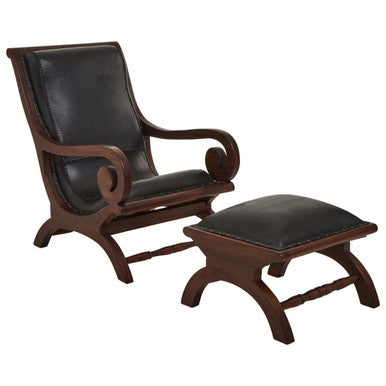 Inca Black Leather and Teak Wood Lounge Chair with Footstool