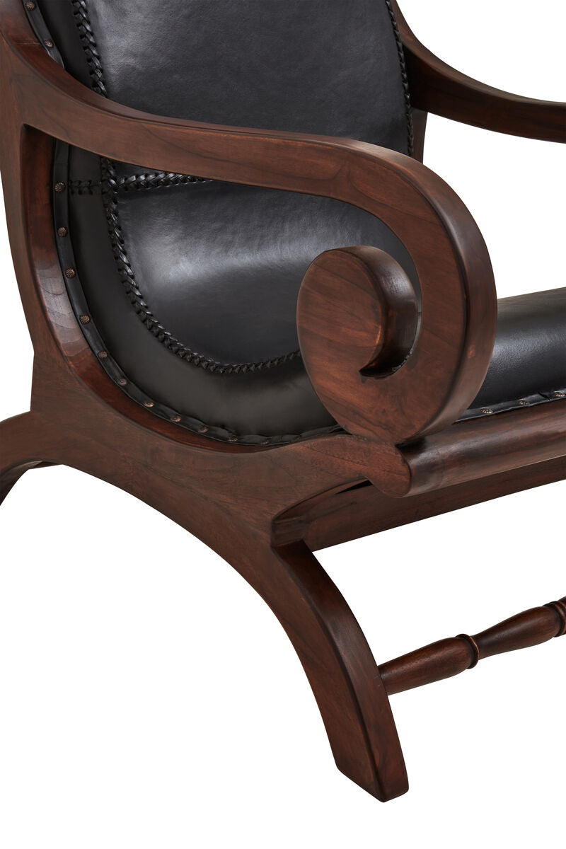 Inca Black Leather and Teak Wood Lounge Chair with Footstool