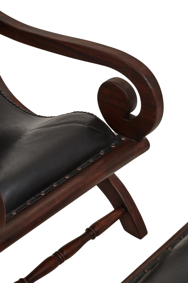 Inca Black Leather and Teak Wood Lounge Chair with Footstool