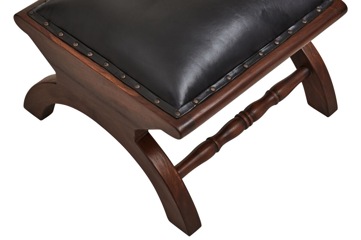 Inca Black Leather and Teak Wood Lounge Chair with Footstool