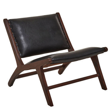 Inca Black Leather and Teak Wood Lounge Chair