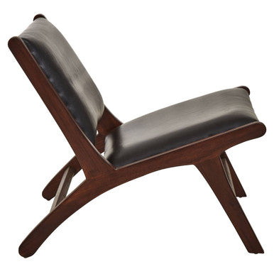 Inca Black Leather and Teak Wood Lounge Chair