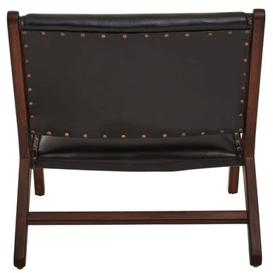 Inca Black Leather and Teak Wood Lounge Chair