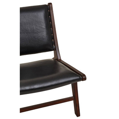 Inca Black Leather and Teak Wood Lounge Chair