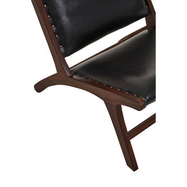 Inca Black Leather and Teak Wood Lounge Chair