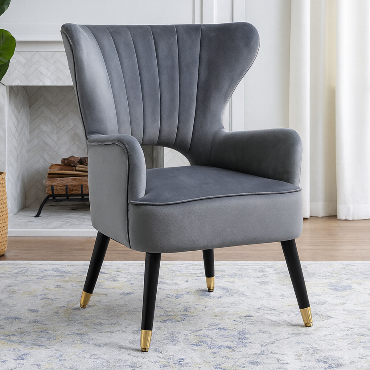 Sloan Grey Velvet Channel Tufted Armchair