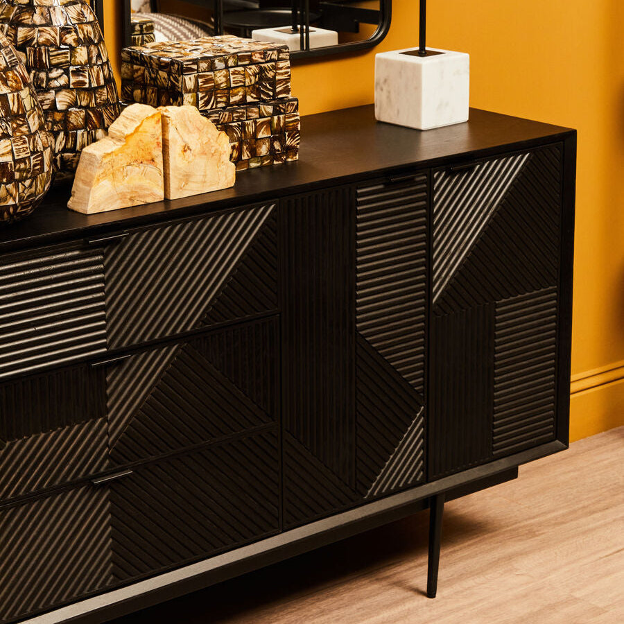 Jakara Black Finish Wooden 4 Door Sideboard with 3 Drawers