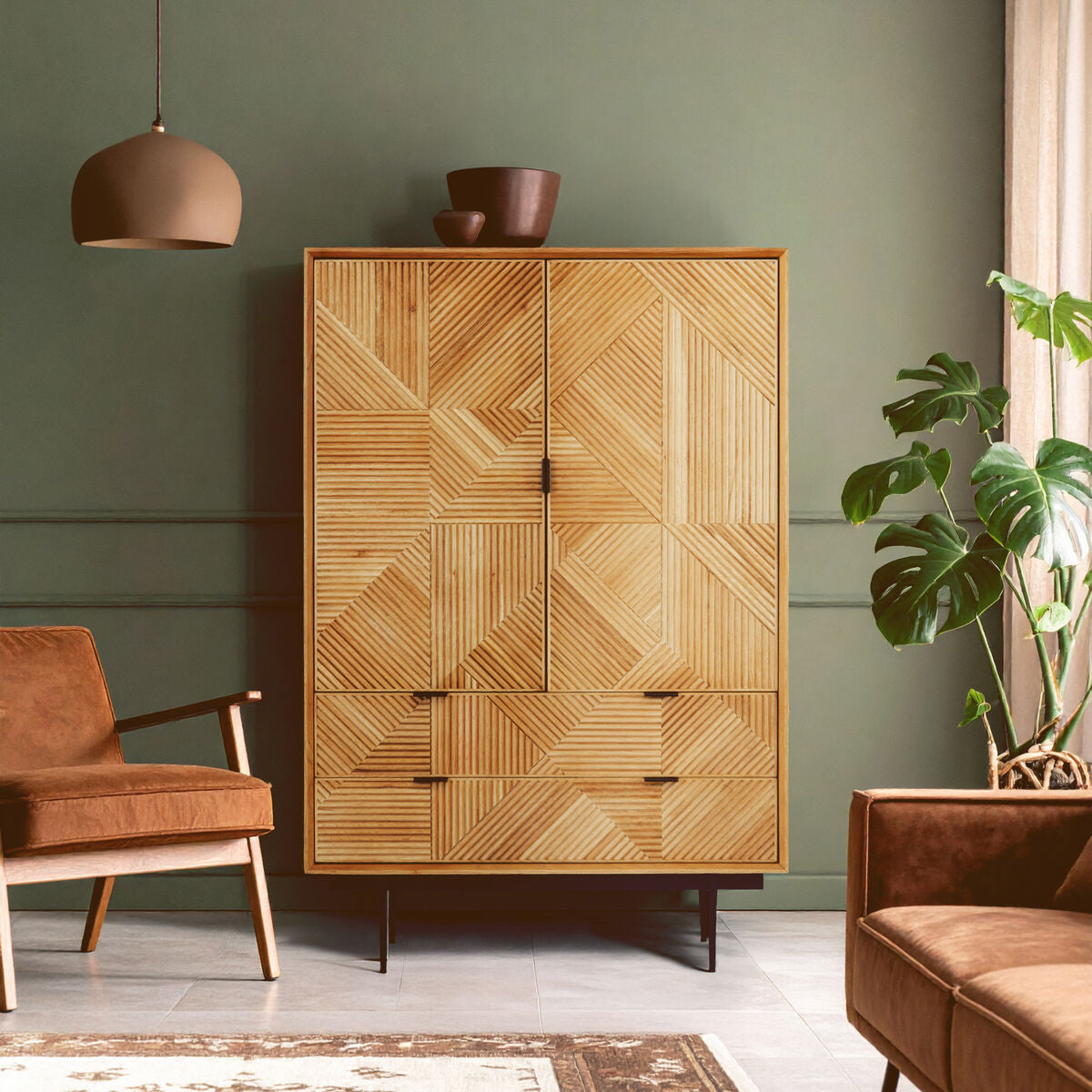 Jakara Natural Finish Oak Veneer Cabinet with Drawers