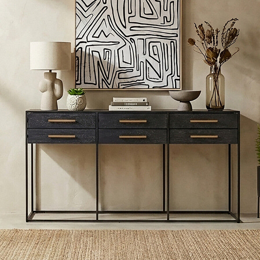 Judd Black Oak Veneer 6 Drawer Console Table