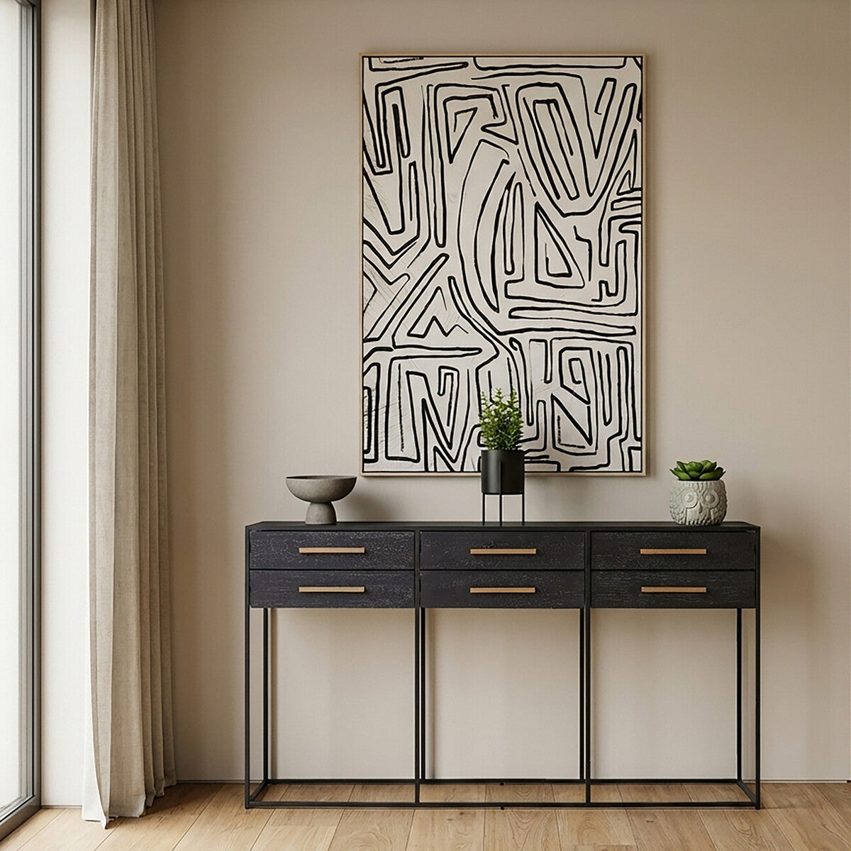 Judd Black Oak Veneer 6 Drawer Console Table