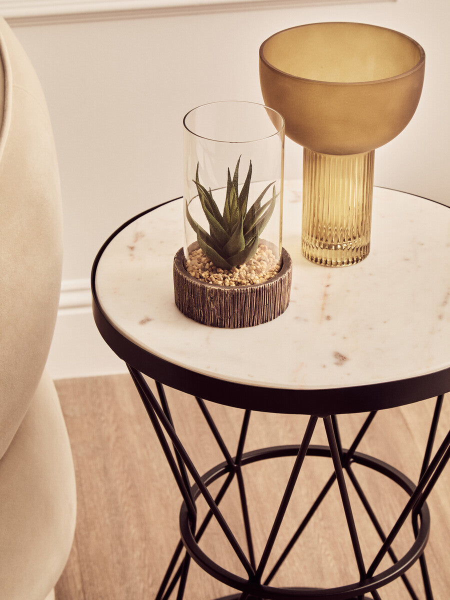 Shalimar White Marble and Black Finish Side Table with Hourglass Base