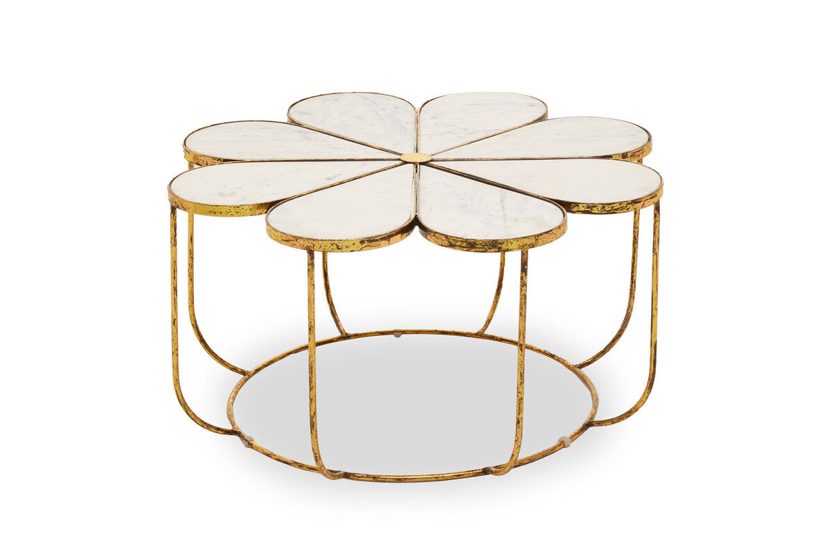 Rabia White Marble and Gold Finish Petal Design Coffee Table