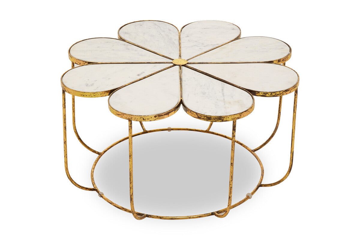 Rabia White Marble and Gold Finish Petal Design Coffee Table