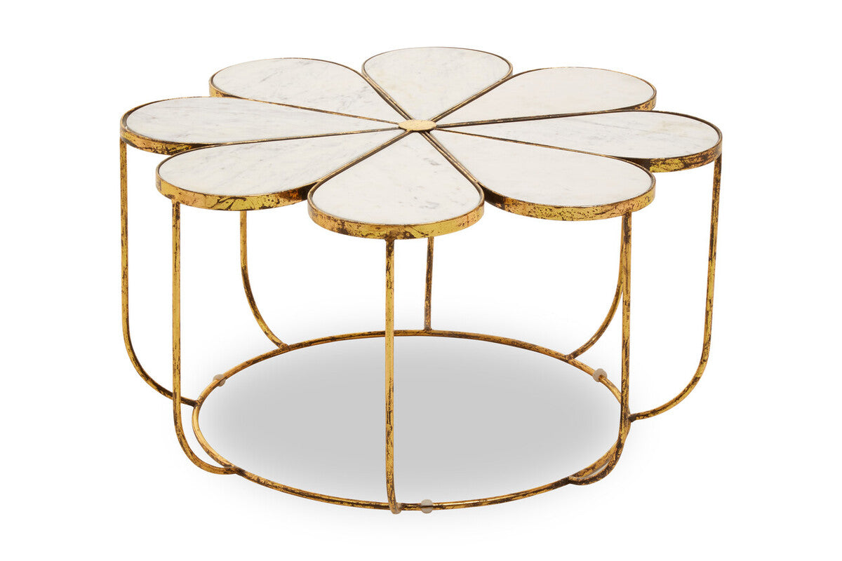 Rabia White Marble and Gold Finish Petal Design Coffee Table