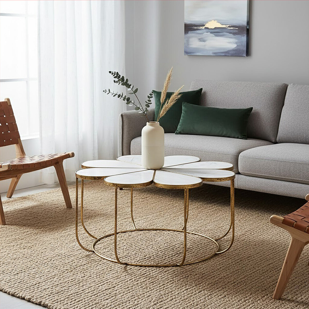 Rabia White Marble and Gold Finish Petal Design Coffee Table