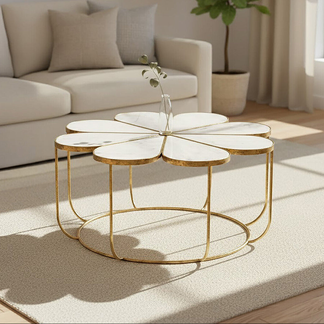 Rabia White Marble and Gold Finish Petal Design Coffee Table