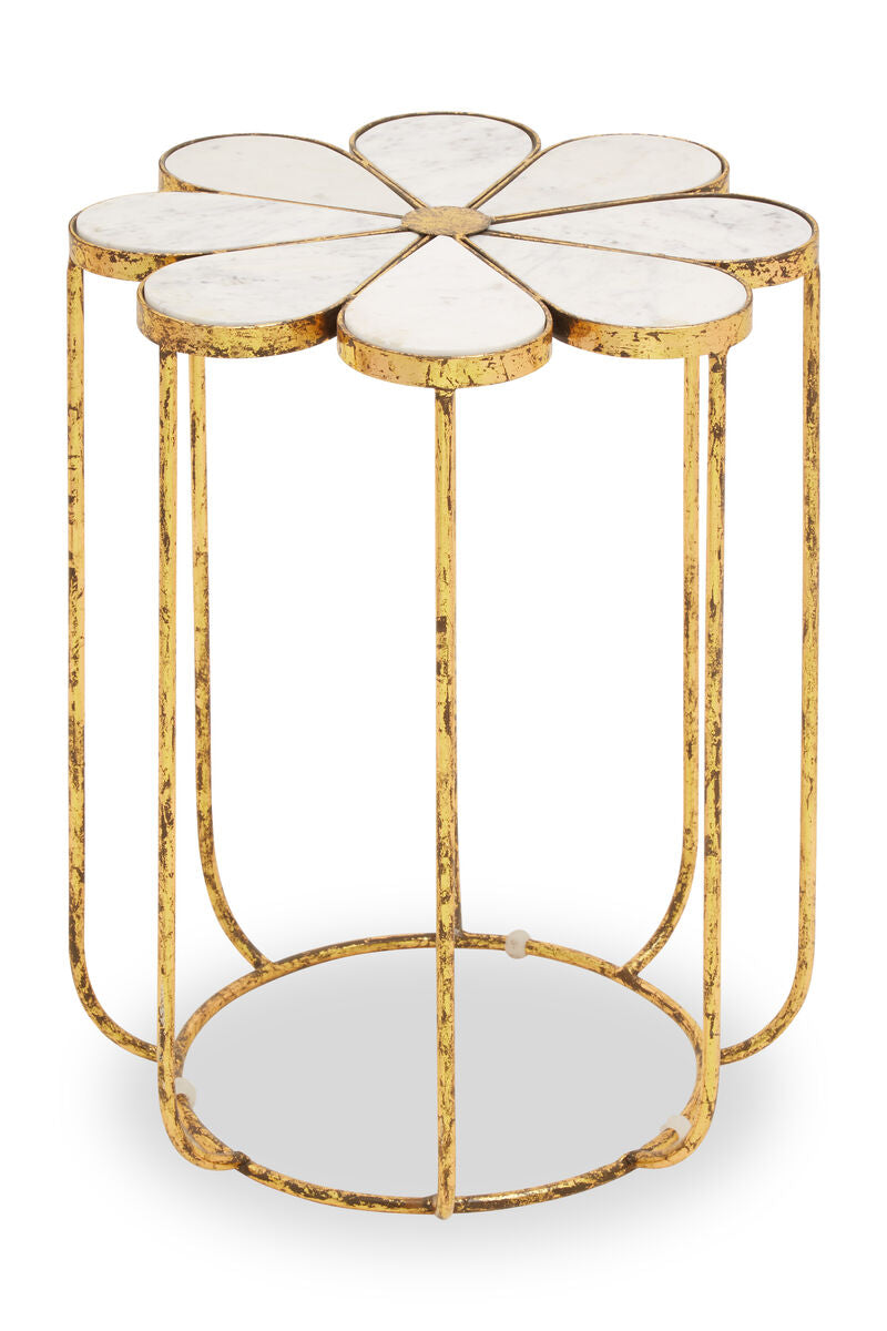 Rabia White Marble and Gold Finish Petal Design Side Table