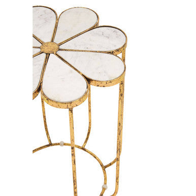 Rabia White Marble and Gold Finish Petal Design Side Table