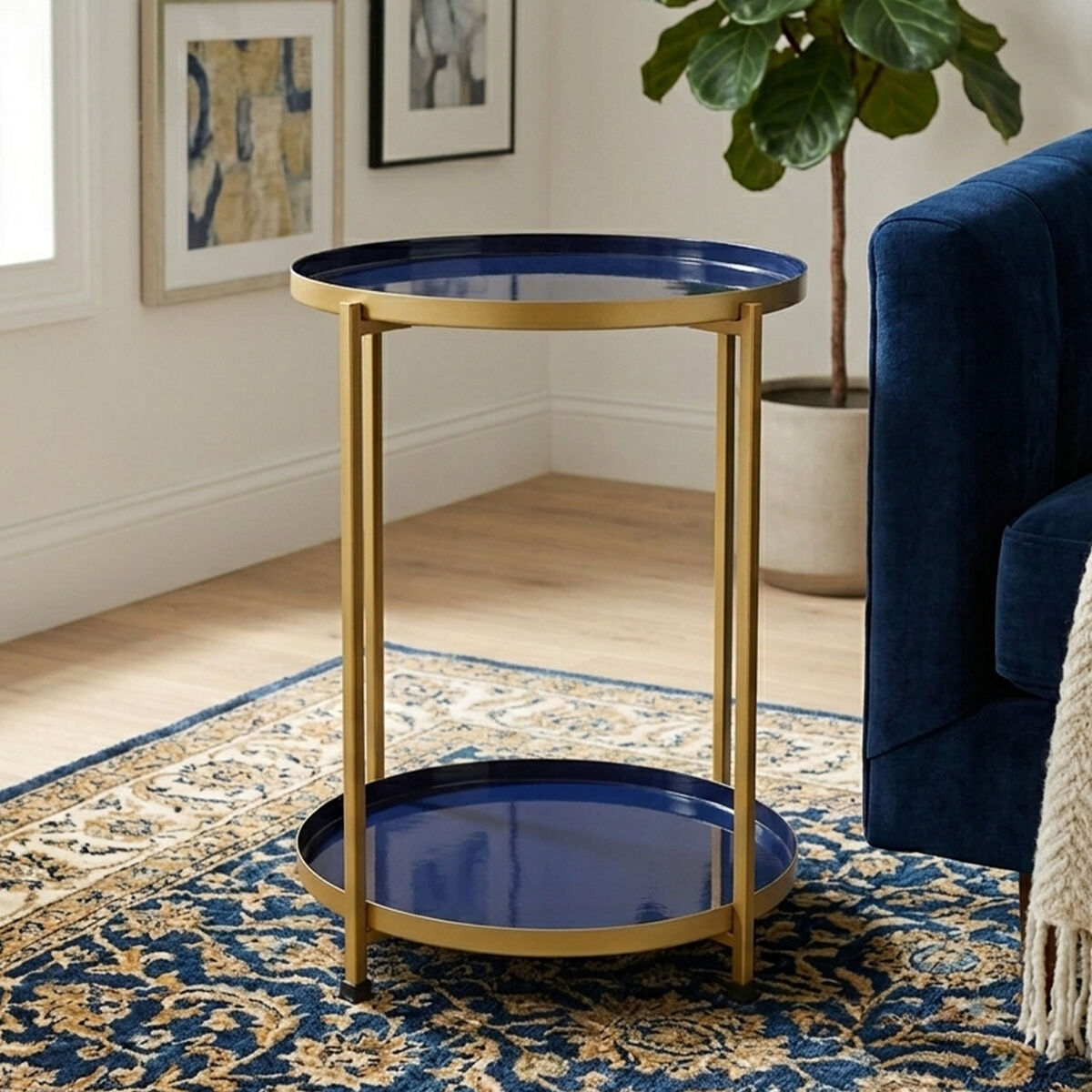 Rabia Blue and Brass Finish 2 Tier Side Table