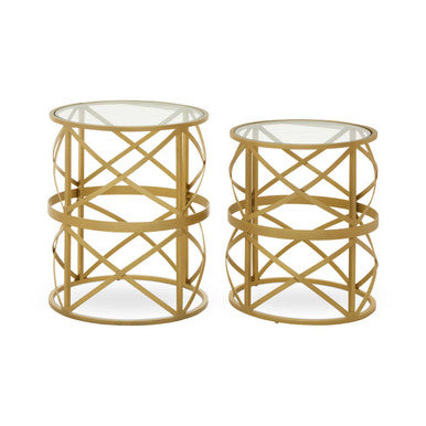 Rabia Glass Top and Antique Brass Finish Set of 2 Side Table