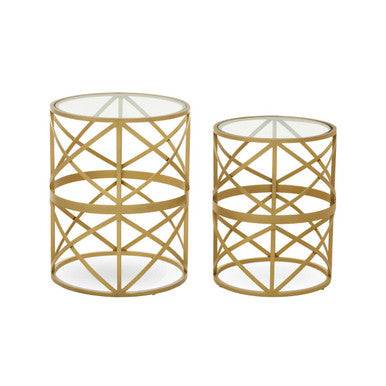 Rabia Glass Top and Antique Brass Finish Set of 2 Side Table